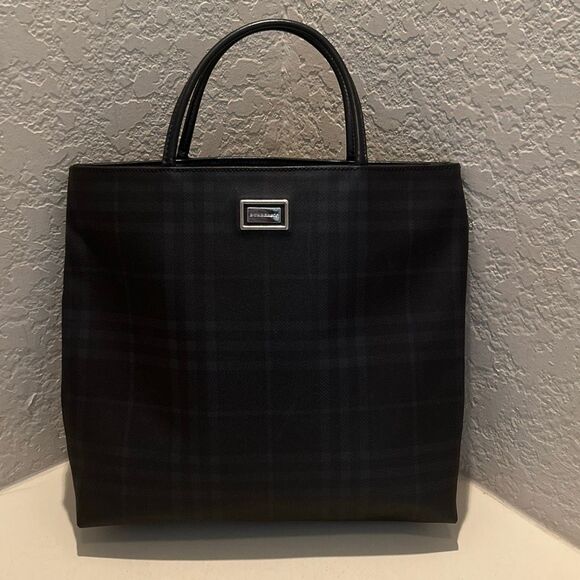 Burberry Tote Bag Blue Nova Check Plaid Coated Canvas Equestrian Old Money Prep - Picture 1 of 13
